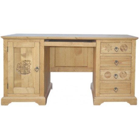 Bureau sculpté 1 porte 4 tiroirs 1 tirette - Esprit Chalet