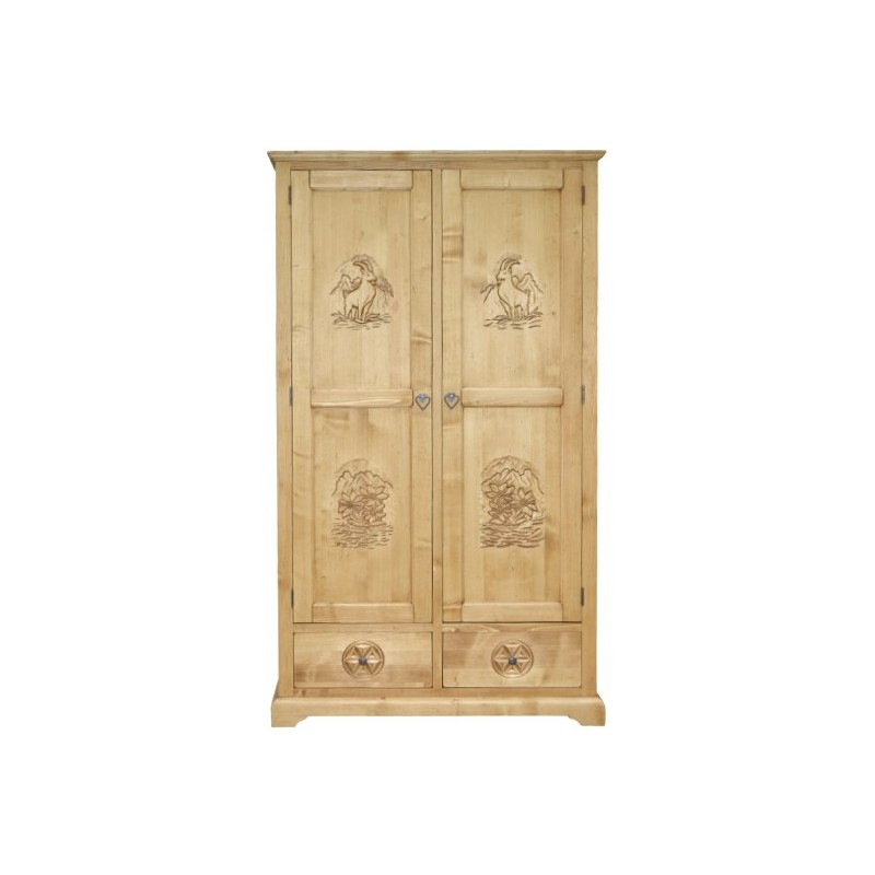 Armoire bois sculpté 2 portes 2 tiroirs - Esprit Chalet