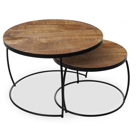 Set de 2 tables basses rondes bois exotique et métal