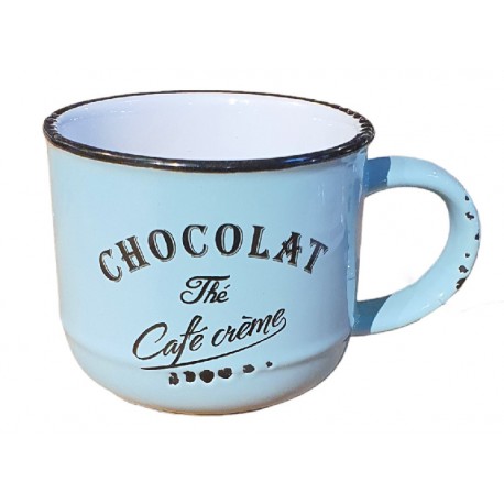 Tasse couleur bleue marquée "CHOCOLAT" en grès - Antic Line