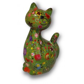 Tirelire chat Caramel motifs fond vert H.22cm - Pomme Pidou